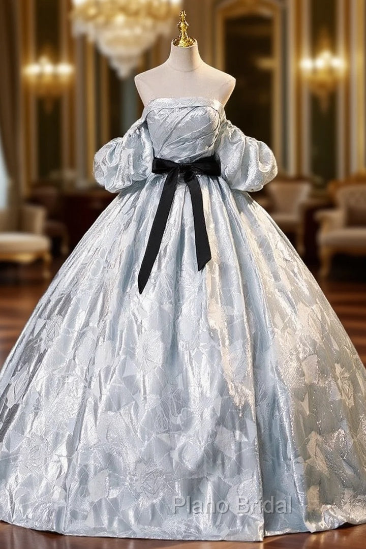 Gray Strapless Pleats Puff Sleeve Quinceanera Dresses