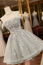Gray Strapless Tulle Short Formal Prom Dresses with Sequins, Cute A-Line Party Dresses
