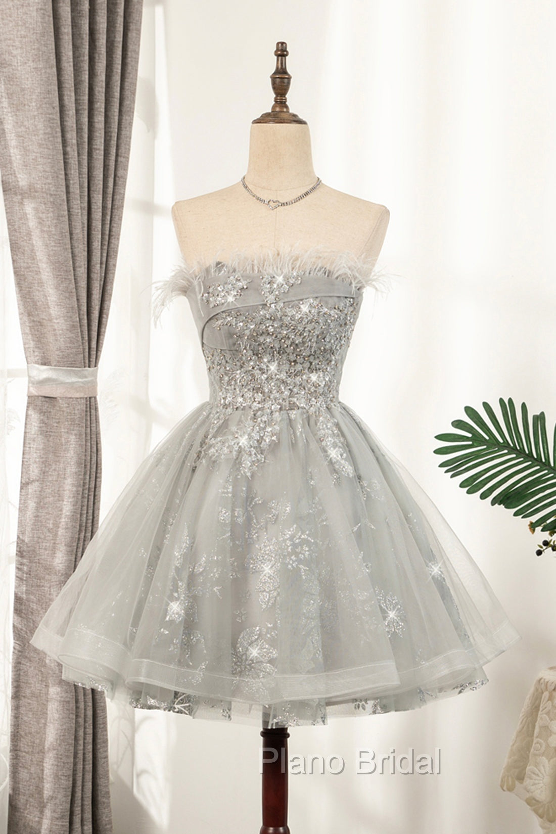 Gray Strapless Tulle Short Formal Prom Dresses with Sequins, Cute A-Line Party Dresses
