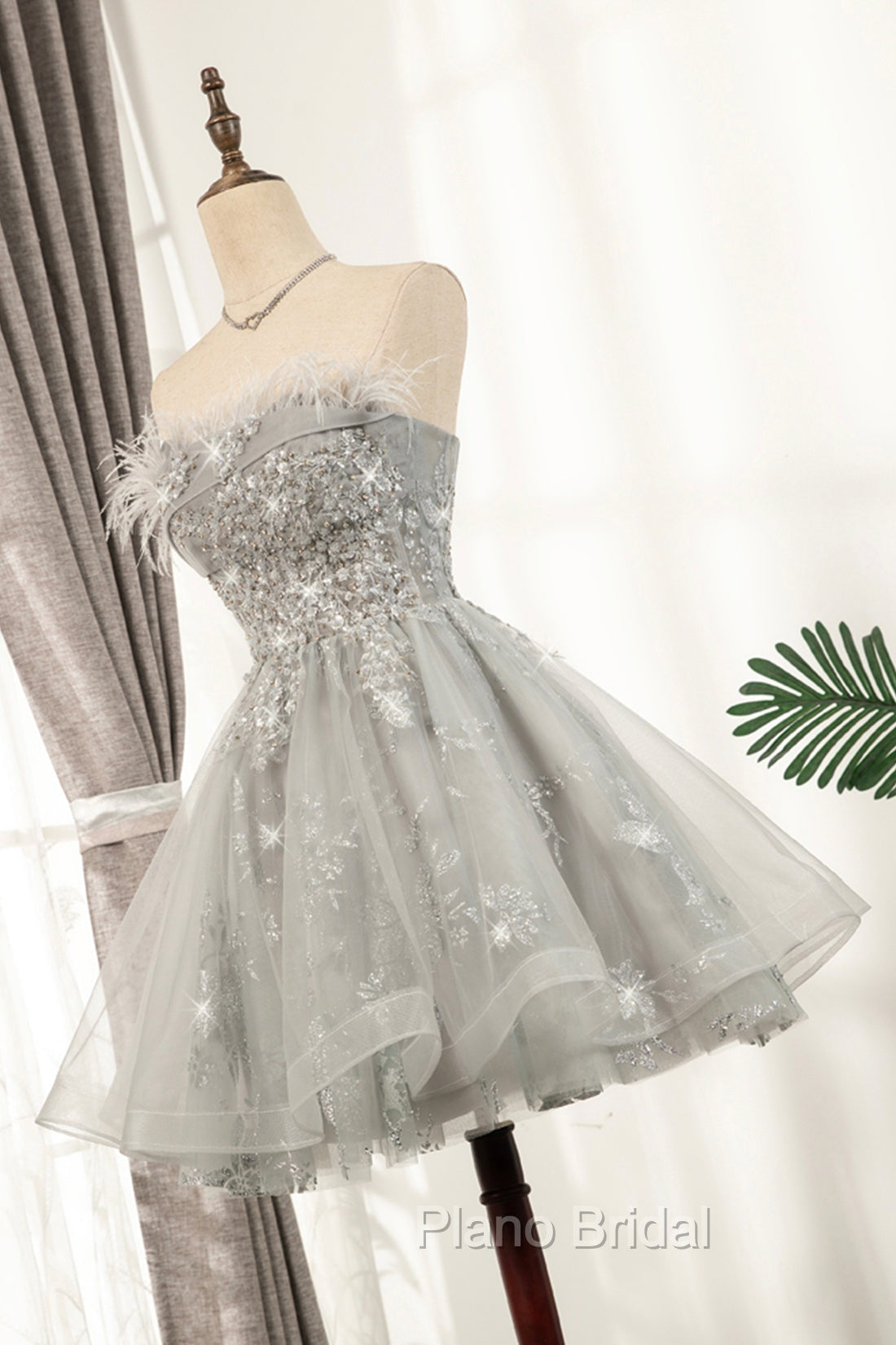 Gray Strapless Tulle Short Formal Prom Dresses with Sequins, Cute A-Line Party Dresses