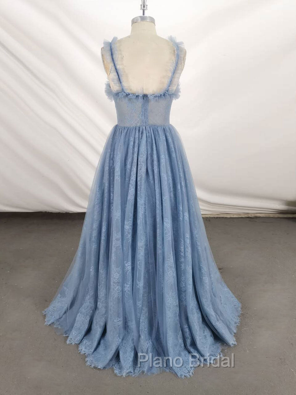 Gray Sweetheart Neck Tulle Lace Long Formal Prom Dresses Blue Formal Dresses