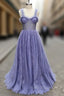 Gray Sweetheart Neck Tulle Lace Long Formal Prom Dresses Blue Formal Dresses
