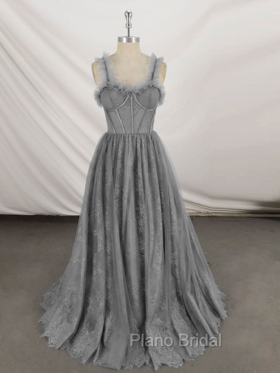 Gray Sweetheart Neck Tulle Lace Long Formal Prom Dresses Blue Formal Dresses