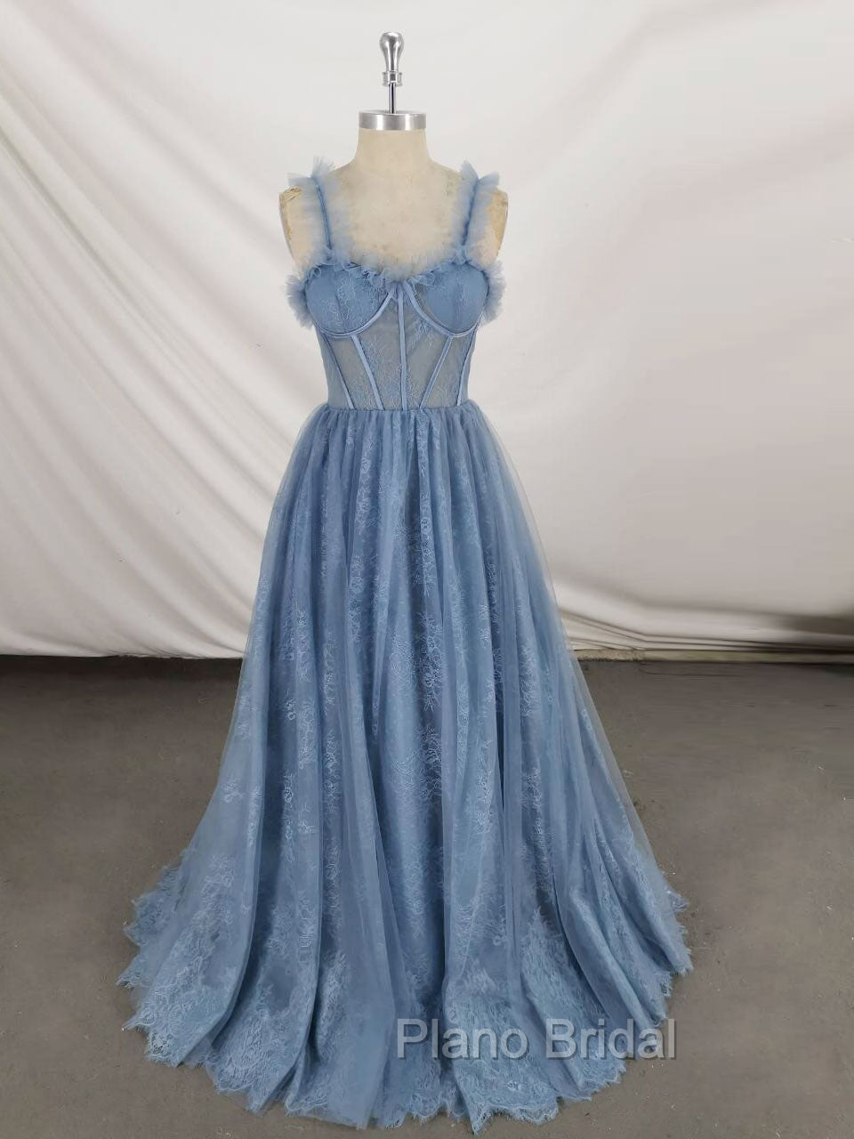Gray Sweetheart Neck Tulle Lace Long Formal Prom Dresses Blue Formal Dresses Main image