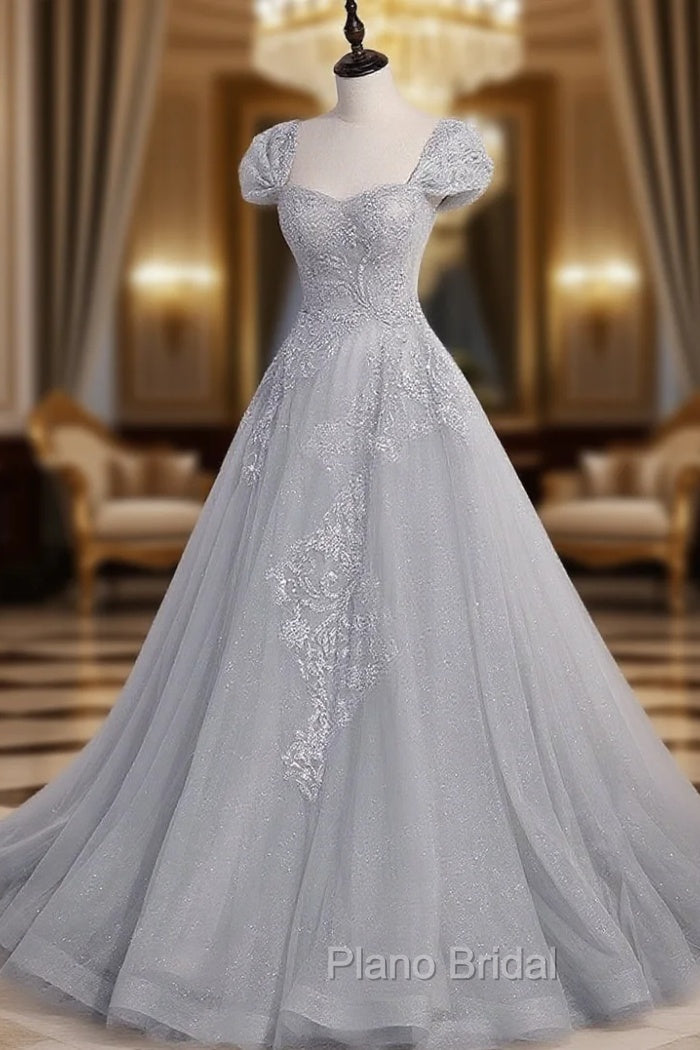 Gray Sweetheart Neck Tulle Lace Long Formal Prom Dresses, Gray Evening Dresses Main image