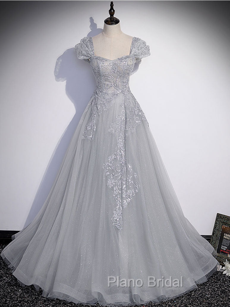 Gray Sweetheart Neck Tulle Lace Long Formal Prom Dresses, Gray Evening Dresses Secondary image