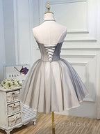 Gray Sweetheart Neck Tulle Lace Short Formal Prom Dresses, Cute Homecoming Dresses
