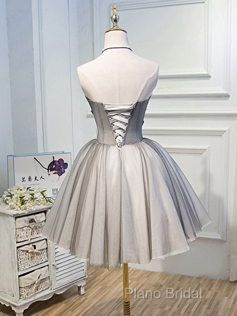 Gray Sweetheart Neck Tulle Lace Short Formal Prom Dresses, Cute Homecoming Dresses