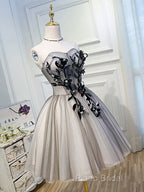 Gray Sweetheart Neck Tulle Lace Short Formal Prom Dresses, Cute Homecoming Dresses