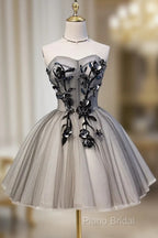 Gray Sweetheart Neck Tulle Lace Short Formal Prom Dresses, Cute Homecoming Dresses