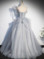 Gray Sweetheart Tulle Long Formal Prom Dresses, Gray Evening Dresses