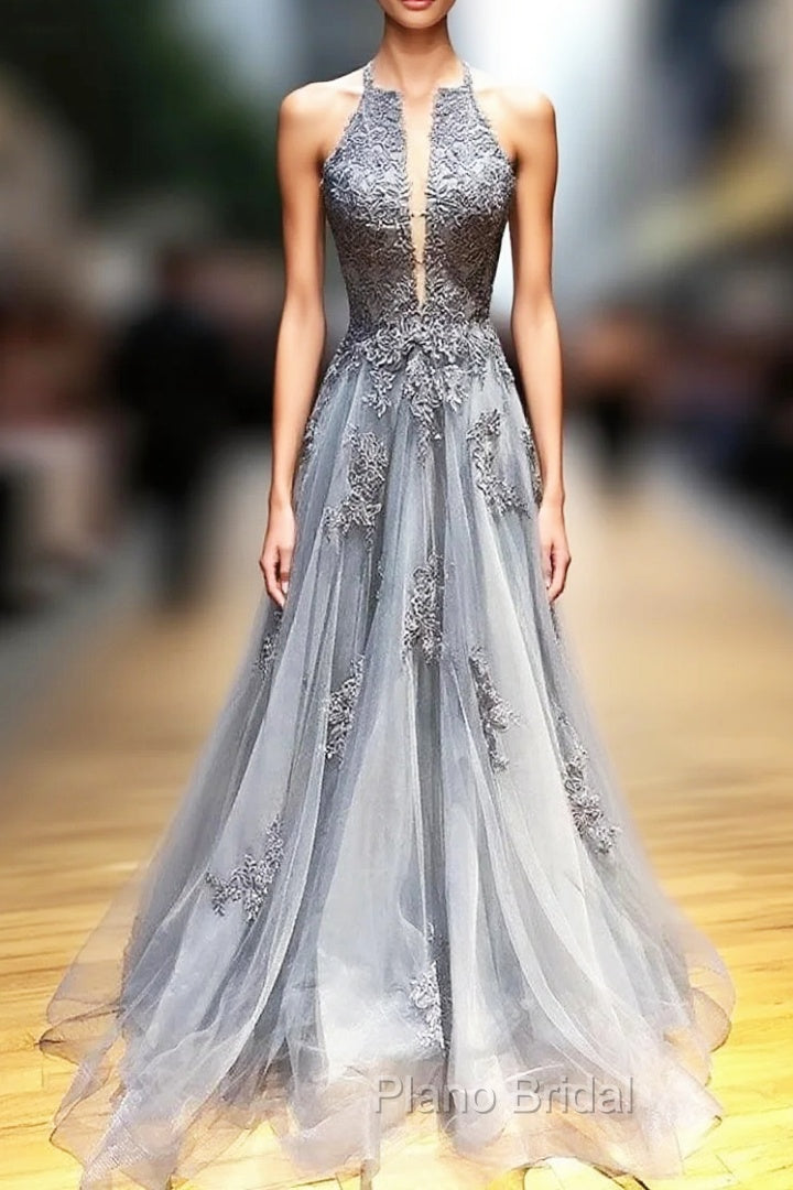 Gray Tulle Appliques Halter Backless Formal Prom Dresses Main image