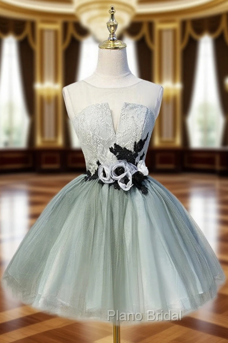 Gray Tulle Appliques Scoop Homecoming Dresses