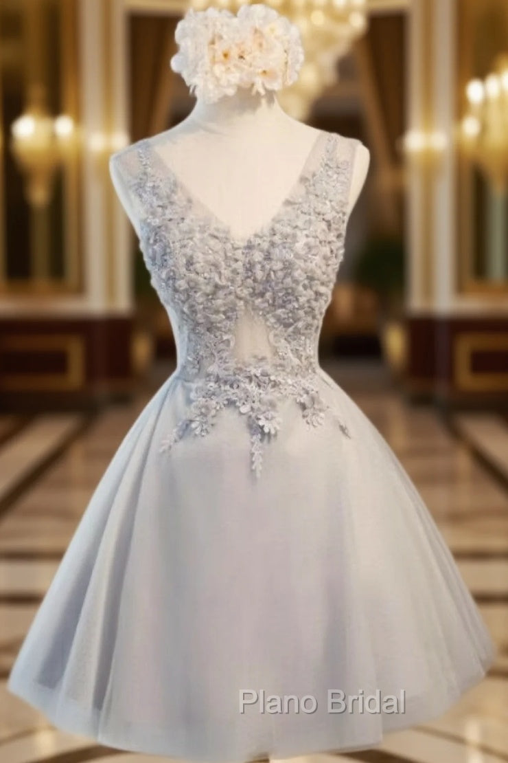 Gray Tulle Appliques V-neck Homecoming Dresses