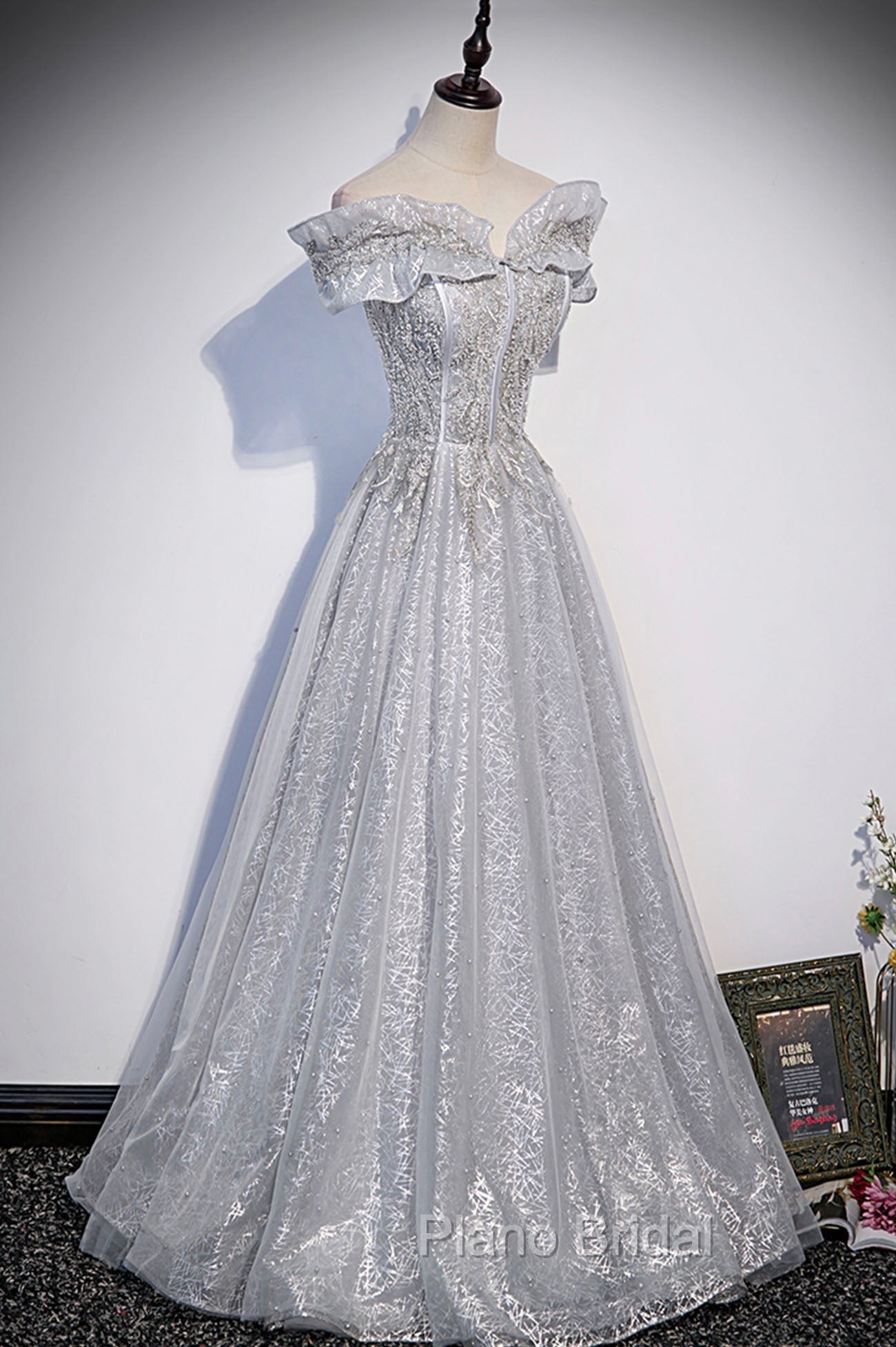 Gray Tulle Beaded Long A-Line Formal Prom Dresses, Cute Evening Party Dresses Secondary image