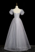 Gray Tulle Beaded Long Formal Prom Dresses, A-Line Short Sleeve Evening Party Dresses