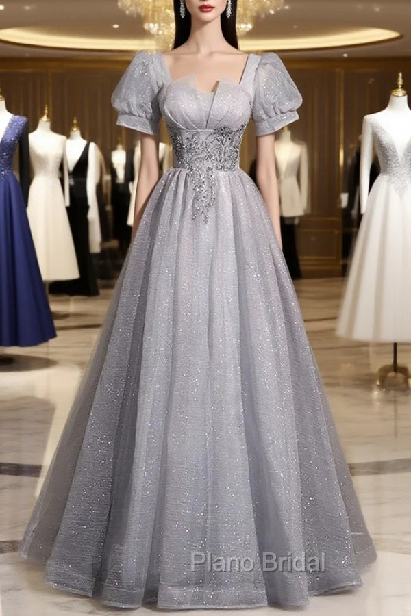 Gray Tulle Beaded Long Formal Prom Dresses, A-Line Short Sleeve Evening Party Dresses Main image