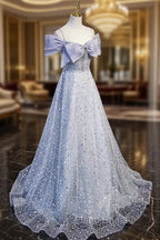 Gray Tulle Beaded Long Formal Prom Dresses, Off the Shoulder Evening Dresses with Bow