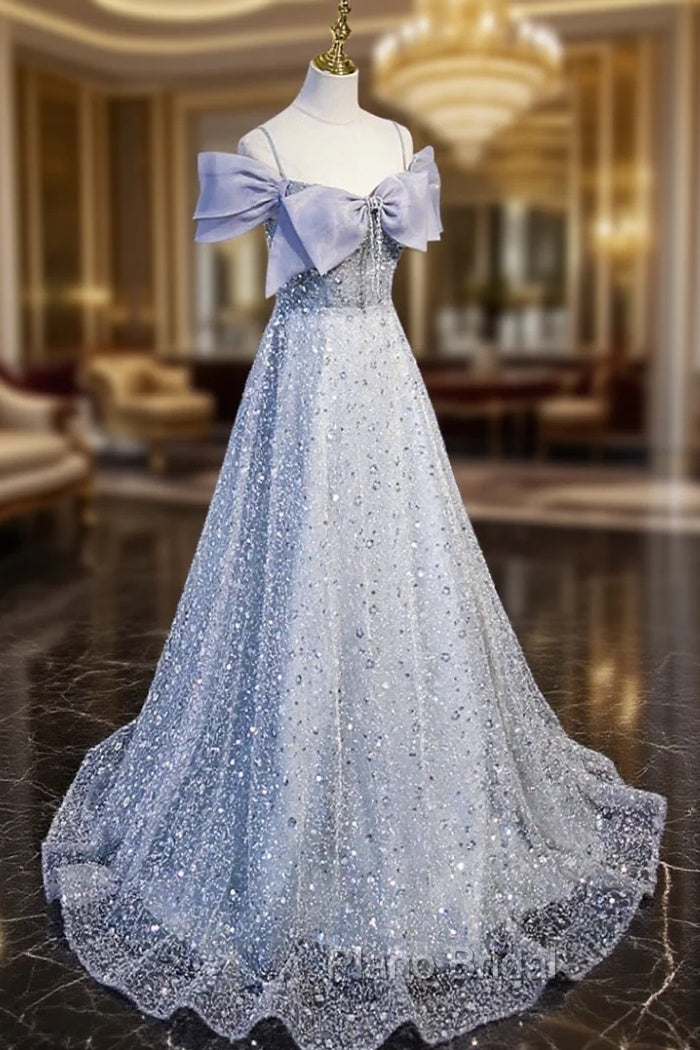 Gray Tulle Beaded Long Formal Prom Dresses, Off the Shoulder Evening Dresses with Bow