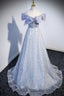 Gray Tulle Beaded Long Formal Prom Dresses, Off the Shoulder Evening Dresses with Bow