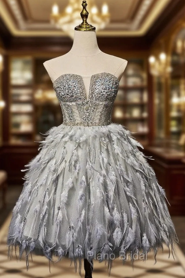 Gray Tulle Beading Feather Short Homecoming Dresses Main image