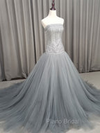 Gray Tulle Beads Long Formal Prom Dresses Gray Tulle Formal Evening Graduation Dresses