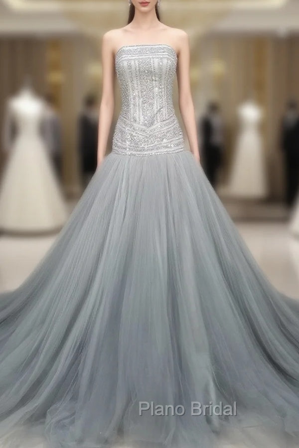 Gray Tulle Beads Long Formal Prom Dresses Gray Tulle Formal Evening Graduation Dresses Main image