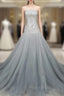 Gray Tulle Beads Long Formal Prom Dresses Gray Tulle Formal Evening Graduation Dresses