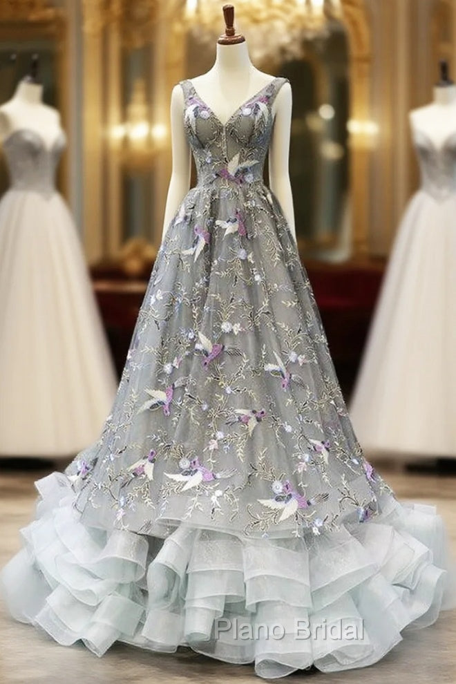 Gray Tulle Embroidery V-neck Backless Corset Formal Prom Dresses Main image