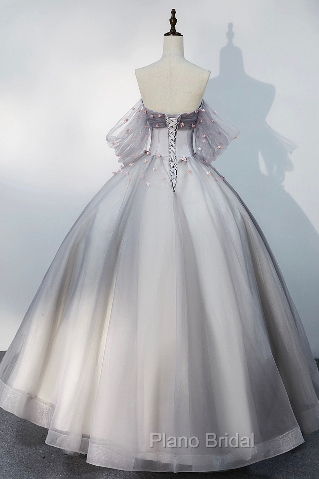 Gray Tulle Floor Length Formal Prom Dresses, Off the Shoulder Evening Party Dresses