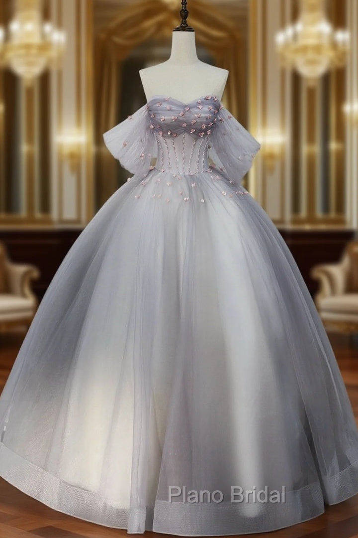 Gray Tulle Floor Length Formal Prom Dresses, Off the Shoulder Evening Party Dresses Main image