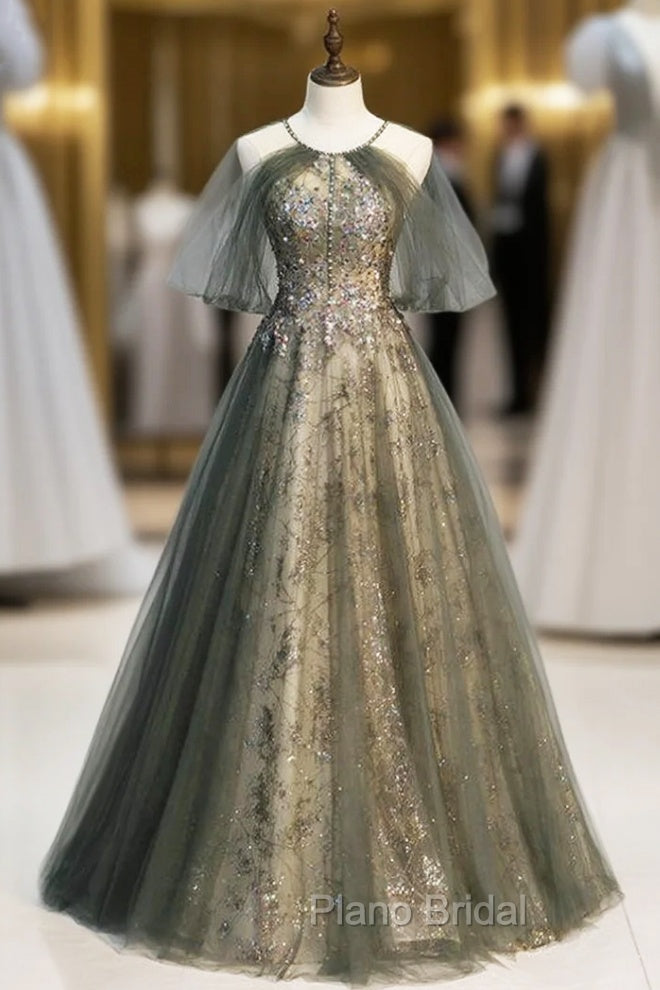Gray Tulle Halter Backless Beading Sequins Formal Prom Dresses Main image