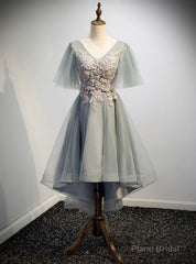 Gray Tulle Hig Lo V-neck Short Sleeve Beading Prom Dress