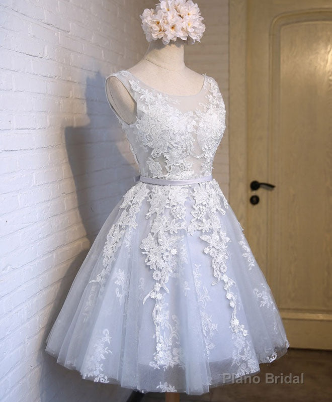 Gray Tulle Lace Applique Short Prom Dress, Gray Homecoming Dresses Main image