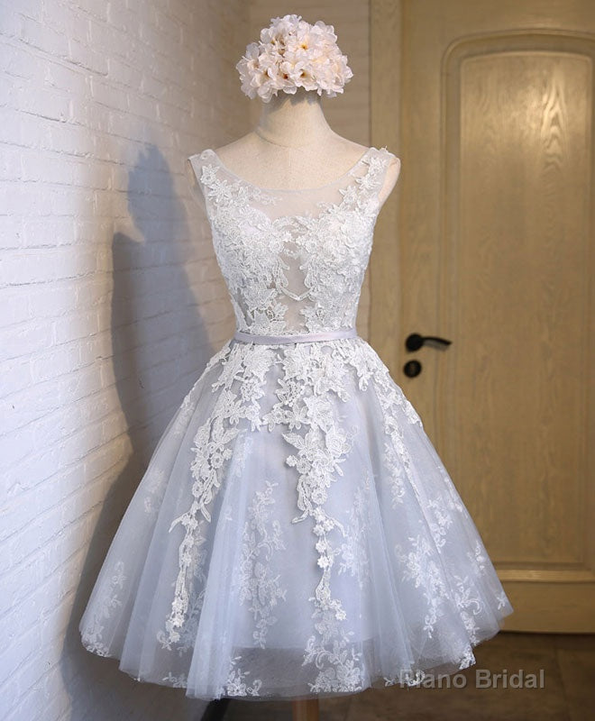 Gray Tulle Lace Applique Short Prom Dress, Gray Homecoming Dresses Secondary image
