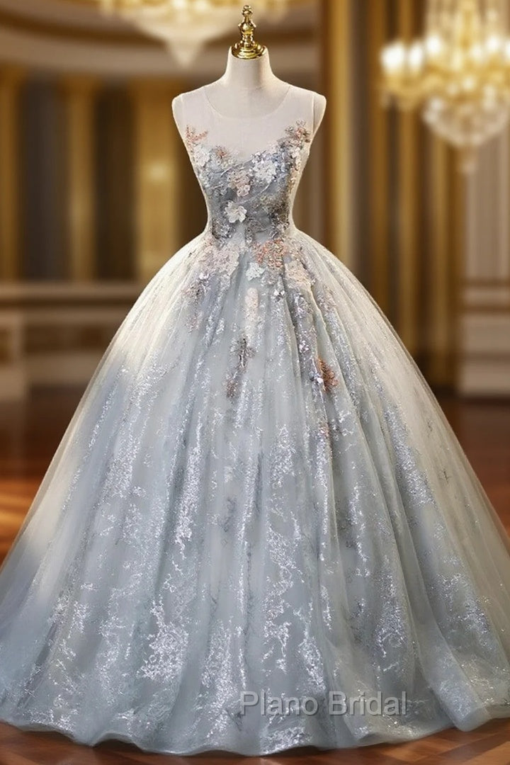 Gray Tulle Lace Appliques Quinceanera Dresses