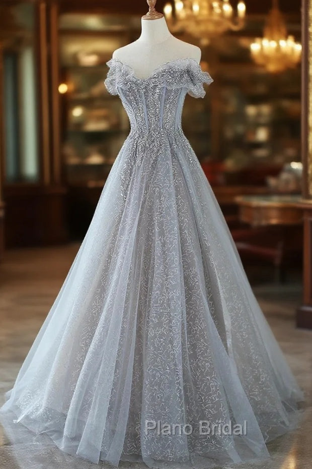 Gray Tulle Lace Floor Length Evening Dresses, Off the Shoulder Formal Prom Dresses Main image