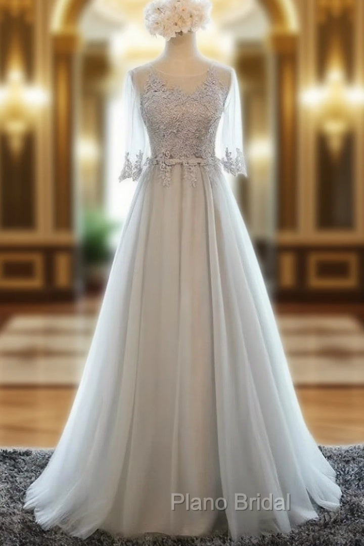 Gray Tulle Lace Half Sleeve Bridesmaid Dresses Main image