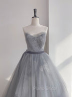 Gray Tulle Lace Long Formal Prom Dresses, Gray Ball Gown Formal Dresses