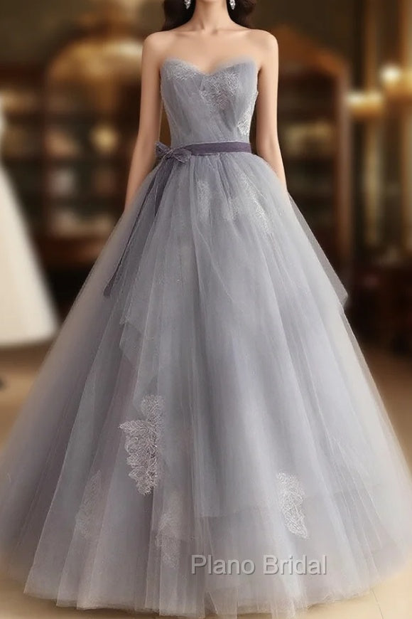 Gray Tulle Lace Long Formal Prom Dresses, Gray Ball Gown Formal Dresses Main image