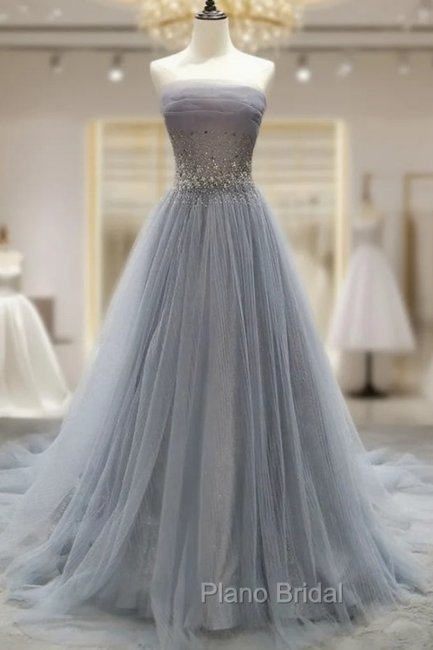 Gray Tulle Lace Long Formal Prom Dresses, Gray Blue Tulle Lace Evening Dresses Main image
