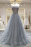 Gray Tulle Lace Long Formal Prom Dresses, Gray Blue Tulle Lace Evening Dresses