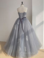 Gray Tulle Lace Long Formal Prom Dresses, Gray Tulle Sweet 16 Dresses