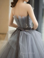 Gray Tulle Lace Long Formal Prom Dresses, Gray Tulle Sweet 16 Dresses