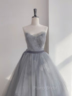 Gray Tulle Lace Long Formal Prom Dresses, Gray Tulle Sweet 16 Dresses