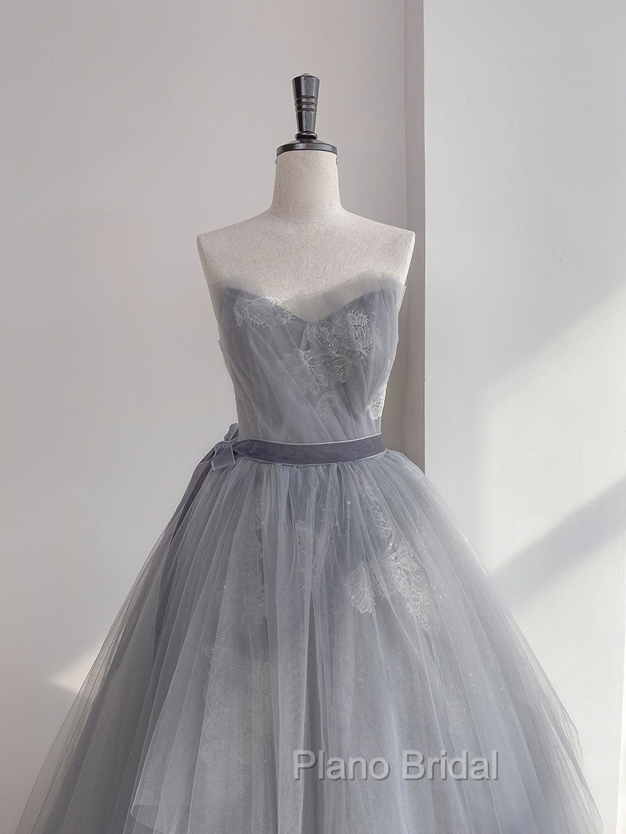 Gray Tulle Lace Long Formal Prom Dresses, Gray Tulle Sweet 16 Dresses