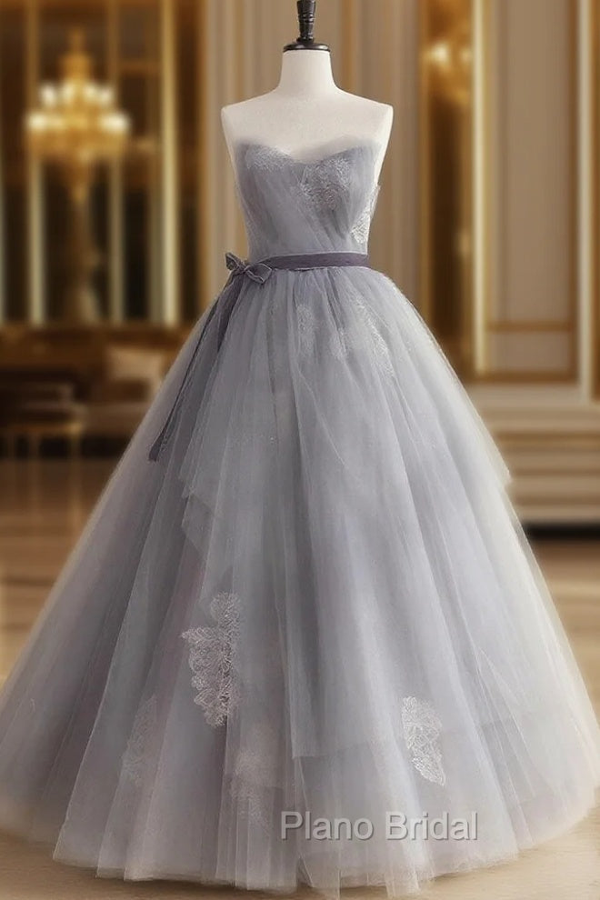 Gray Tulle Lace Long Formal Prom Dresses, Gray Tulle Sweet 16 Dresses Main image