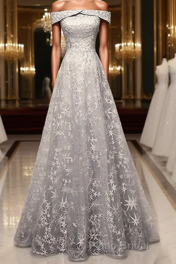 Gray tulle lace long Formal Prom dress, lace tulle bridesmaid dress Main image