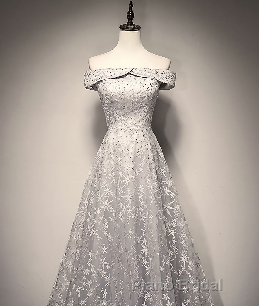 Gray tulle lace long Formal Prom dress, lace tulle bridesmaid dress