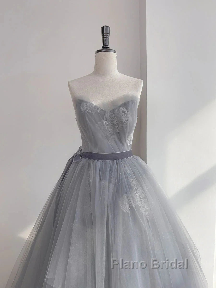 Gray Tulle Lace Long Formal Prom Dresses Sweet 16 Dresses A Line Off Shoulder December Wedding Guest Dresses